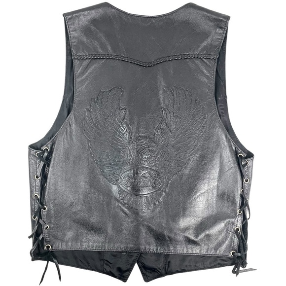 Vtg Le Cuir Niko Leather Biker Vest Black Size L, Eagle Embrossed Braided Detail - Picture 4 of 14